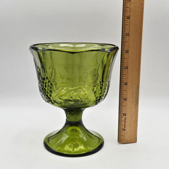 Indiana Glass Green Compote Pedestal Fruit Bowl Harvest Grape Pattern Vintage - Picture 10 of 11